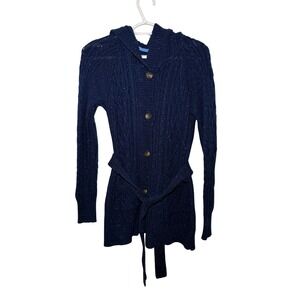 SO Womens Cable Knit Y2K Cardigan Sweater Belted Hooded Navy XL‎ Preppy Boho